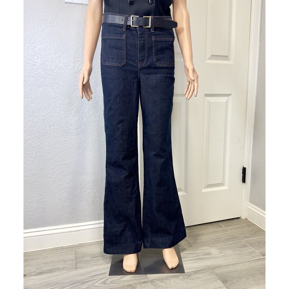 Maeve Anthropologie High Rise Flare Jeans Dark Wash Front Patch Pocket Sz 28